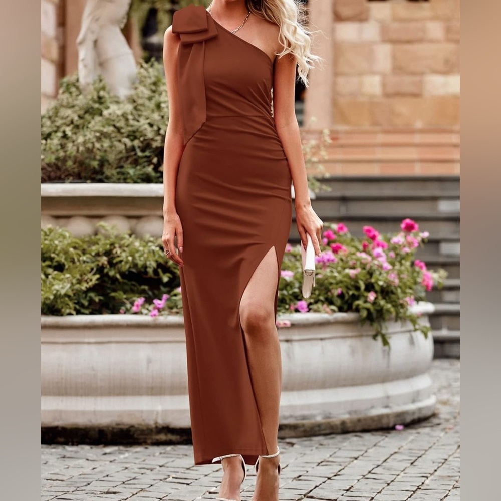 NWT PrettyGarden Coffee One Shoulder Bridesmaid Dress Size Medium